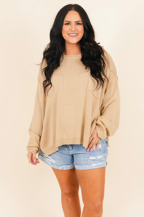 Chic Soul plus size clothing, beige knitted comfy sweater with a front pocket
