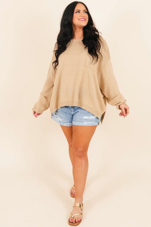 Chic Soul plus size clothing, beige knitted comfy sweater with a front pocket