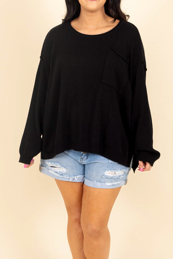 Chic Soul plus size clothing, black knitted sweater with a front pocket and bubble sleeves