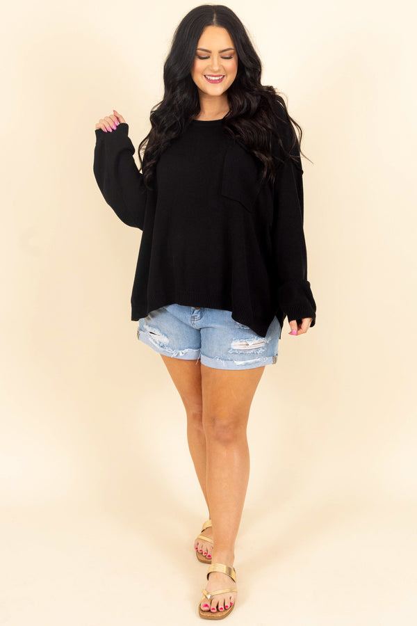 Chic Soul plus size clothing, black knitted sweater with a front pocket and bubble sleeves