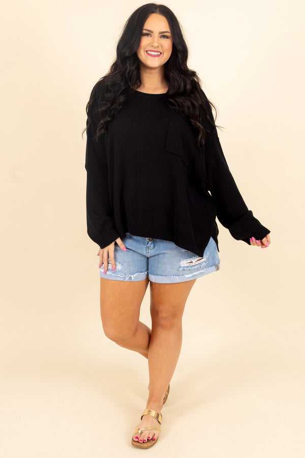 Chic Soul plus size clothing, black knitted sweater with a front pocket and bubble sleeves