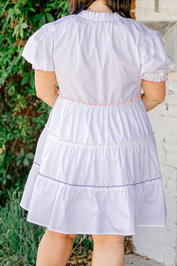 Chic Soul plus size clothing, white tiered babydoll top with puff sleeves and neon colored details