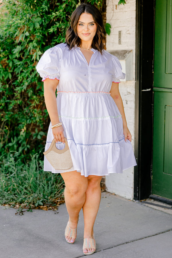 Chic Soul plus size clothing, white tiered babydoll top with puff sleeves and neon colored details