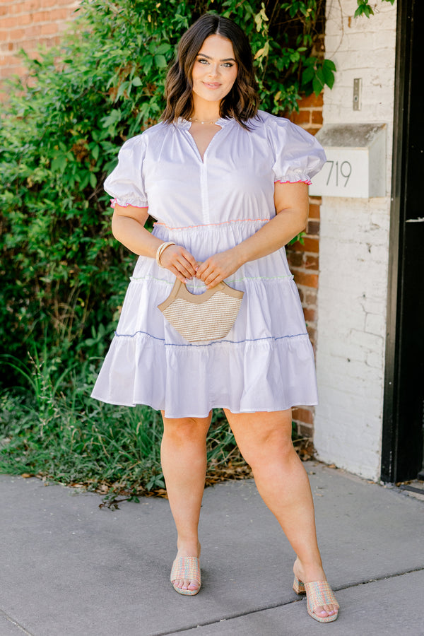 Chic Soul plus size clothing, white tiered babydoll top with puff sleeves and neon colored details