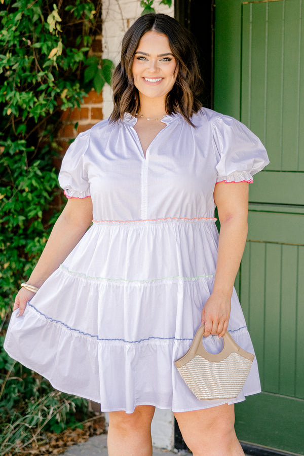 Chic Soul plus size clothing, white tiered babydoll top with puff sleeves and neon colored details
