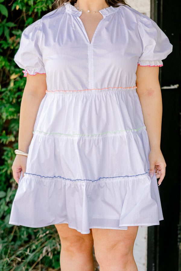 Chic Soul plus size clothing, white tiered babydoll top with puff sleeves and neon colored details