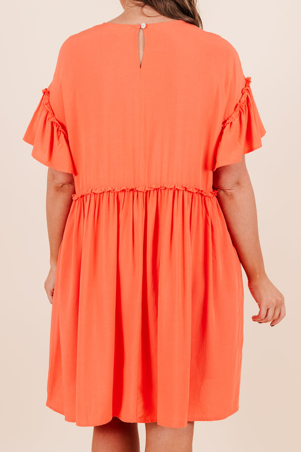Chic Soul plus size clothing, coral short sleeve mini dress with babydoll design with ruffle flutter sleeves with ruffle along waist