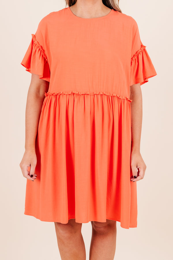 Chic Soul plus size clothing, coral short sleeve mini dress with babydoll design with ruffle flutter sleeves with ruffle along waist