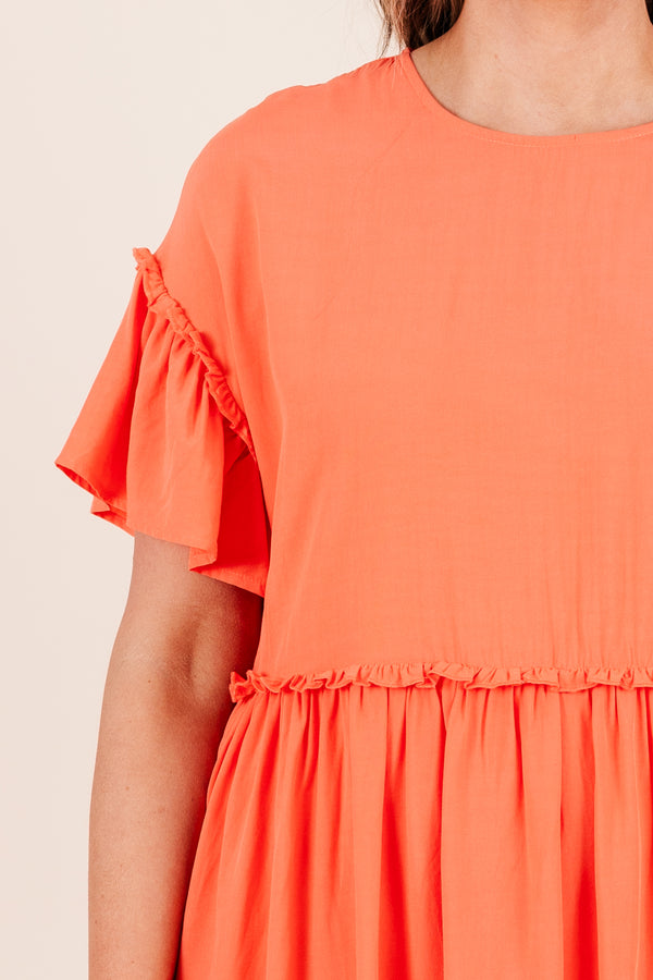 Chic Soul plus size clothing, coral short sleeve mini dress with babydoll design with ruffle flutter sleeves with ruffle along waist