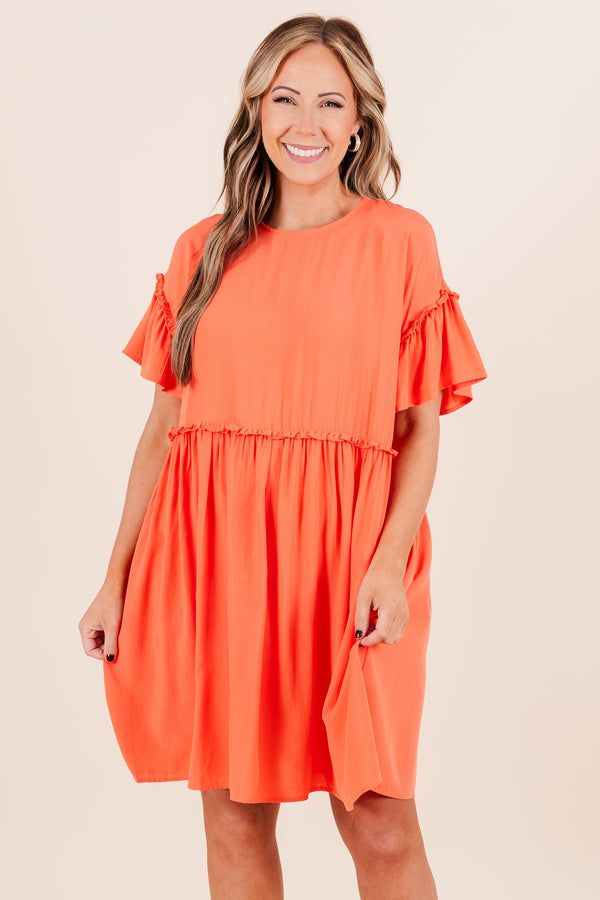 Chic Soul plus size clothing, coral short sleeve mini dress with babydoll design with ruffle flutter sleeves with ruffle along waist