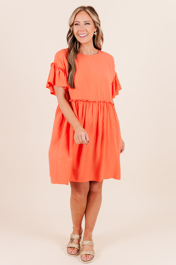 Chic Soul plus size clothing, coral short sleeve mini dress with babydoll design with ruffle flutter sleeves with ruffle along waist