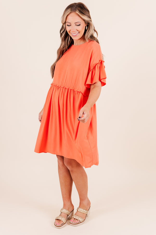 Chic Soul plus size clothing, coral short sleeve mini dress with babydoll design with ruffle flutter sleeves with ruffle along waist