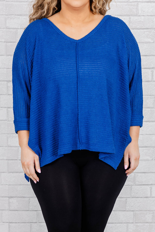 Chic Soul plus size clothing, classic blue knit three-quarter length sleeved top with a slight vneck