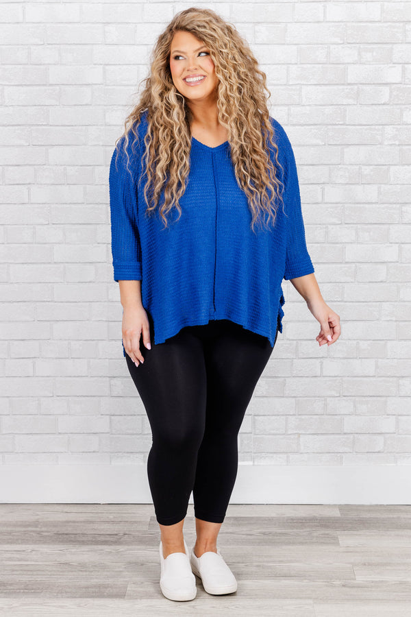 Chic Soul plus size clothing, classic blue knit three-quarter length sleeved top with a slight vneck