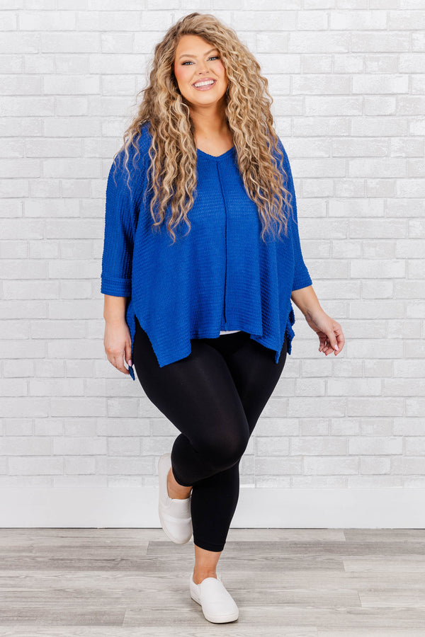 Chic Soul plus size clothing, classic blue knit three-quarter length sleeved top with a slight vneck