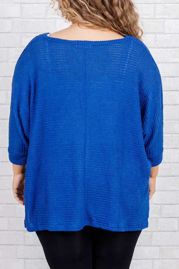 Chic Soul plus size clothing, classic blue knit three-quarter length sleeved top with a slight vneck
