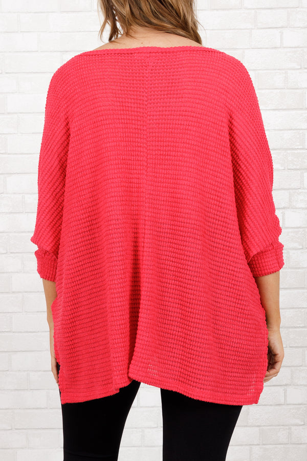 Chic Soul plus size clothing, viva magenta waffle knit textured top with slight v neckline and 3/4 sleeves