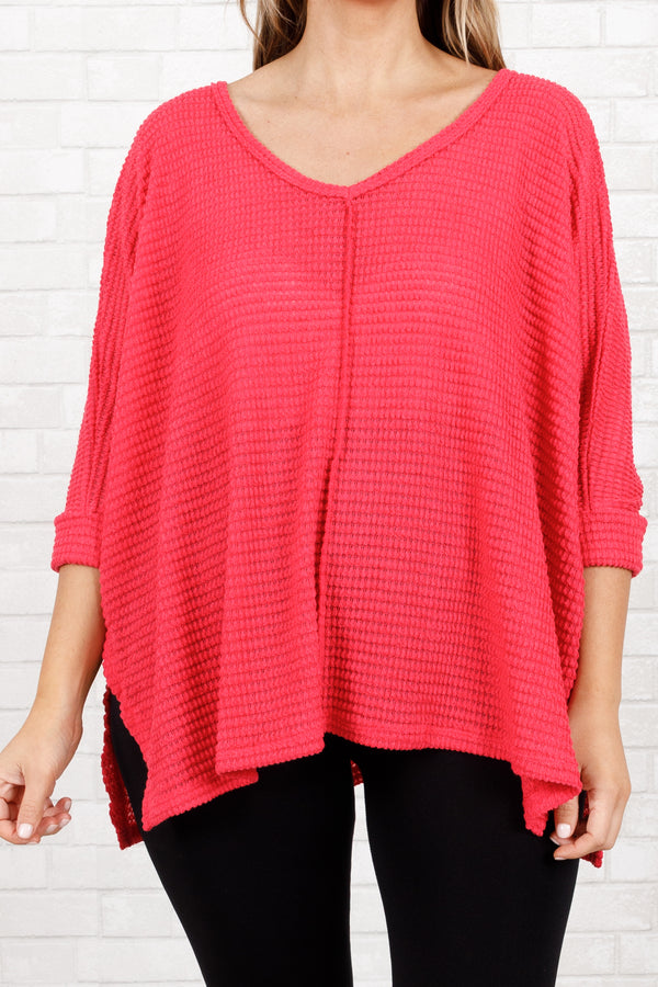 Chic Soul plus size clothing, viva magenta waffle knit textured top with slight v neckline and 3/4 sleeves