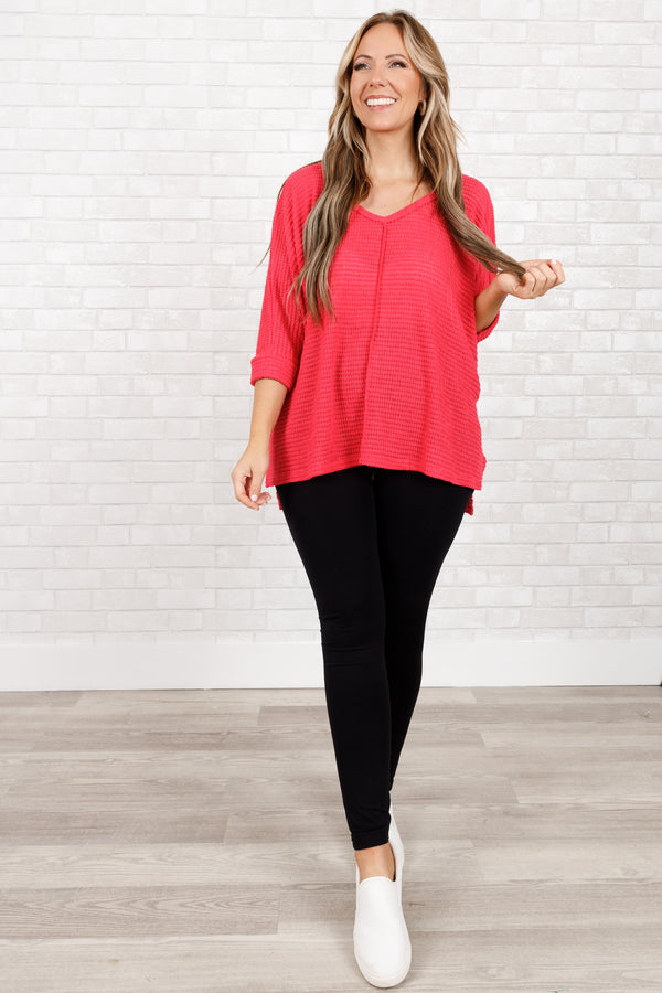 Chic Soul plus size clothing, viva magenta waffle knit textured top with slight v neckline and 3/4 sleeves