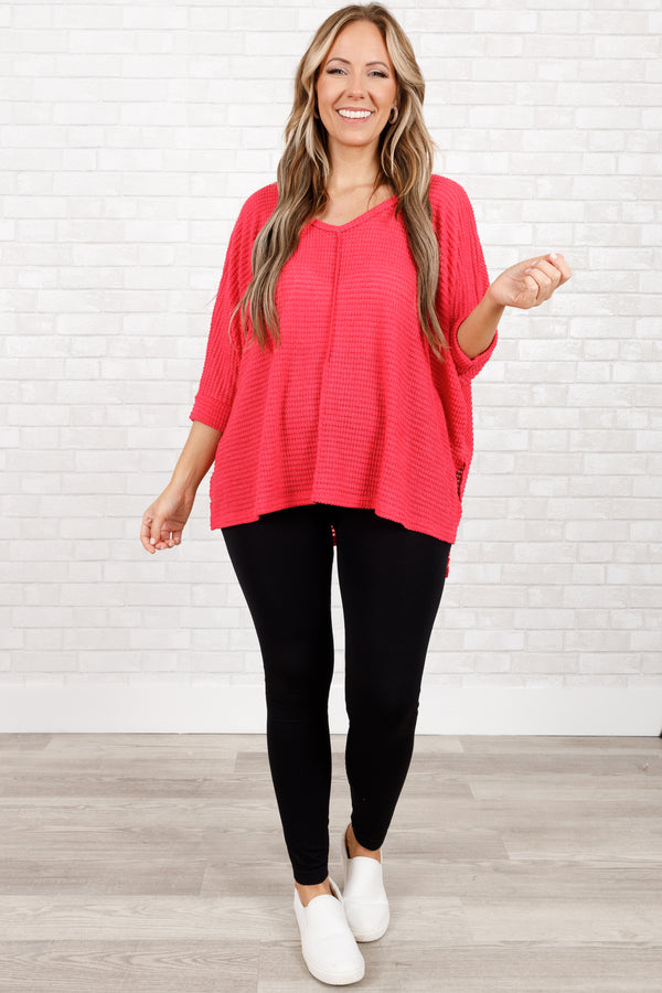 Chic Soul plus size clothing, viva magenta waffle knit textured top with slight v neckline and 3/4 sleeves