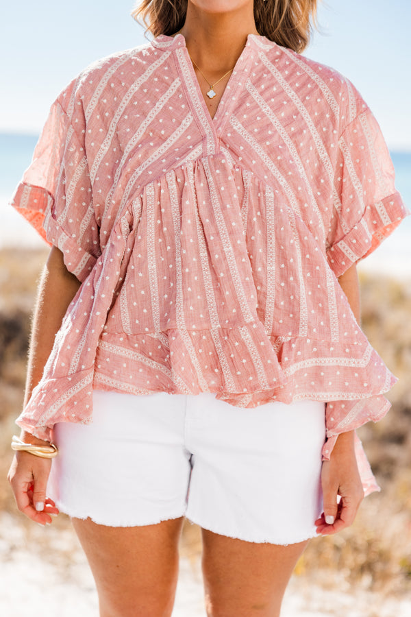 Chic Soul plus size clothing, short-sleeve blush pink baby doll top with a split-v-neckline and high-low hemline with white striped and polka dot stitching 