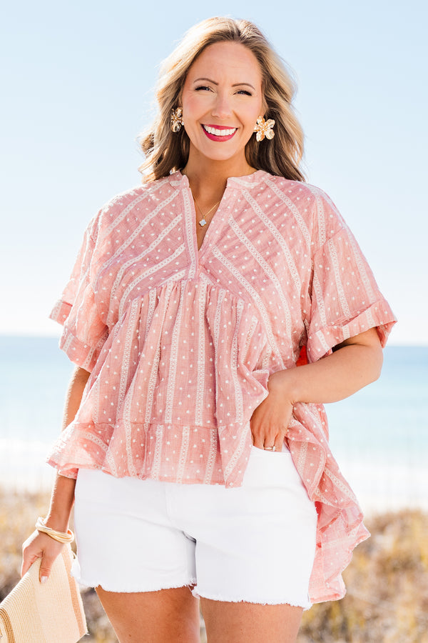 Chic Soul plus size clothing, short-sleeve blush pink baby doll top with a split-v-neckline and high-low hemline with white striped and polka dot stitching 