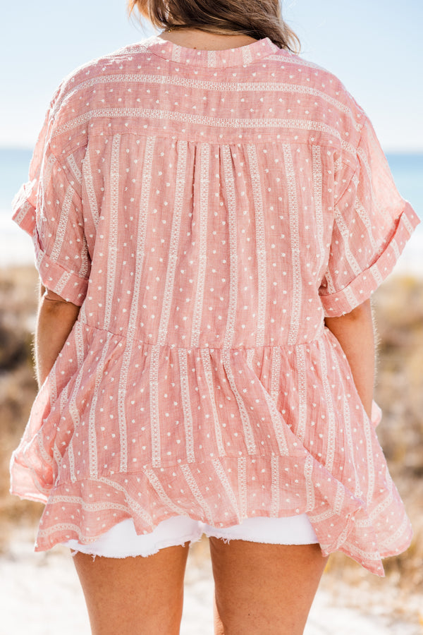 Chic Soul plus size clothing, short-sleeve blush pink baby doll top with a split-v-neckline and high-low hemline with white striped and polka dot stitching 