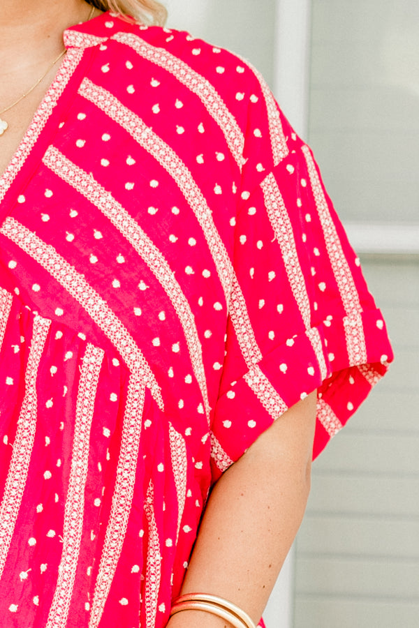 Chic Soul plus size clothing, hot pink short cuff sleeved v-neck high-low hem babydoll top with alternating stripes and polka dots pattern
