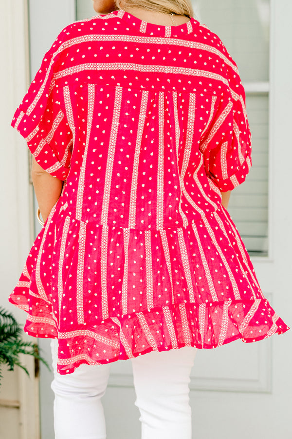 Chic Soul plus size clothing, hot pink short cuff sleeved v-neck high-low hem babydoll top with alternating stripes and polka dots pattern