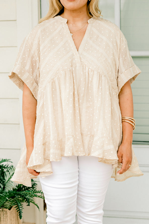Chic Soul plus size clothing, taupe baby doll top with short sleeves and a polka dot pattern with stripes as well as cuffs at the end of the sleeves 