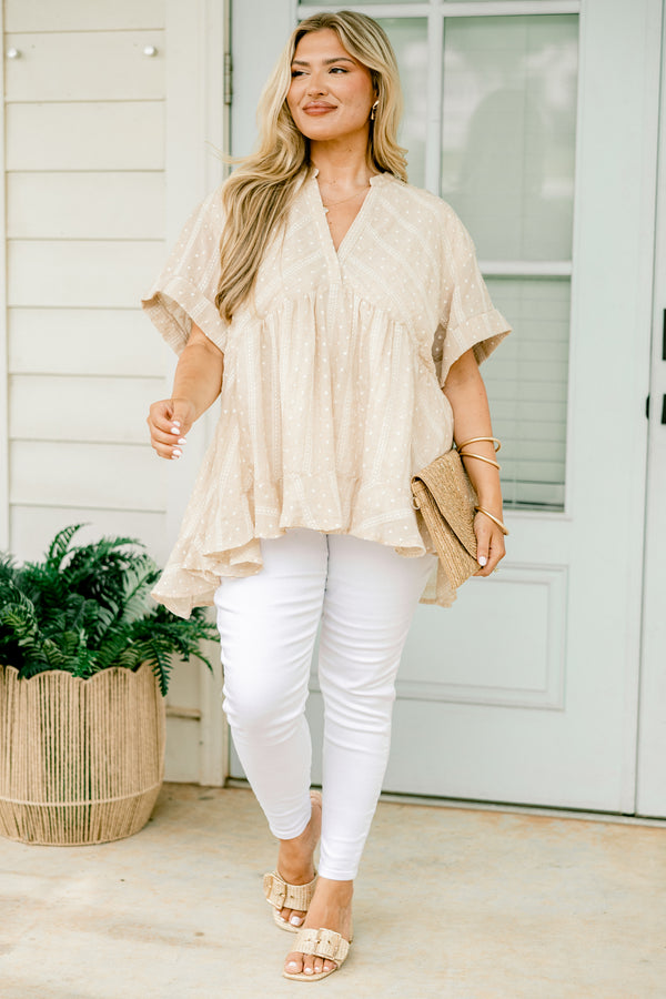 Chic Soul plus size clothing, taupe baby doll top with short sleeves and a polka dot pattern with stripes as well as cuffs at the end of the sleeves 