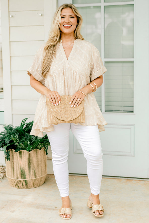 Chic Soul plus size clothing, taupe baby doll top with short sleeves and a polka dot pattern with stripes as well as cuffs at the end of the sleeves 
