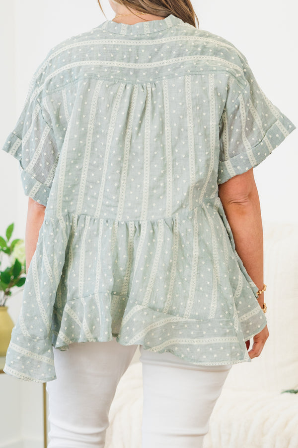 Chic Soul plus size clothing, short-cuffed-sleeve teal green ruffled baby doll top with a split-v-neckline and a high-low hemline with a striped polka dotted abstract pattern 