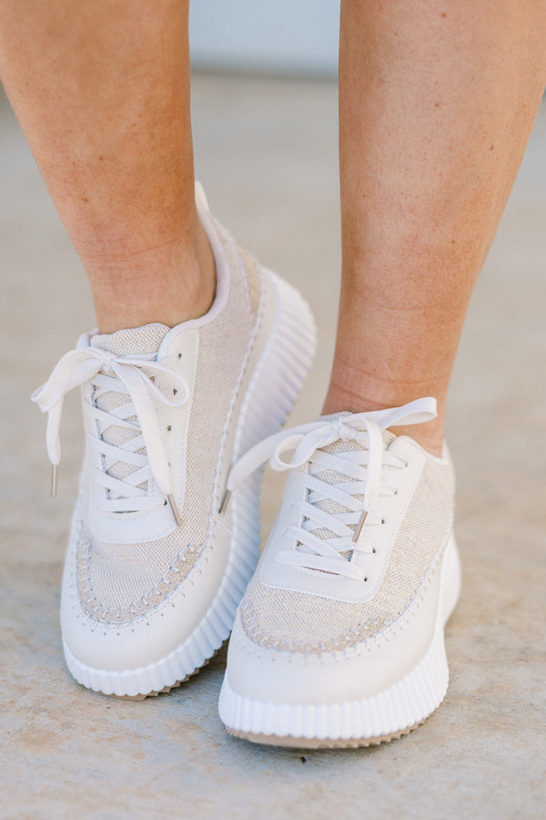Chic Soul plus size clothing, beige platform lace-up sneakers with a white ribbed sole 