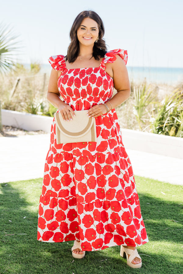 Plus Size red and white poppy print maxi dress with a smocked bodice and ruffled elastic straps.