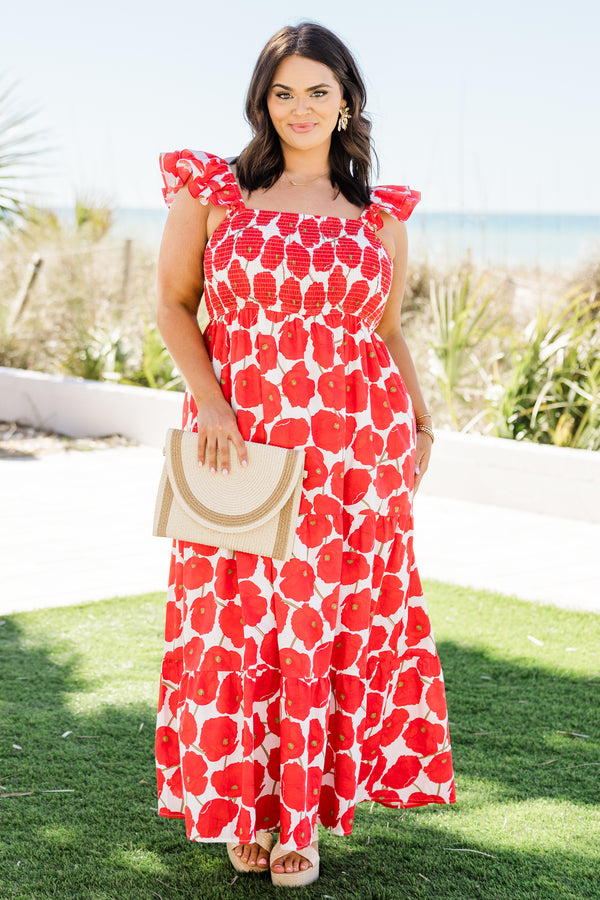 Plus Size red and white poppy print maxi dress with a smocked bodice and ruffled elastic straps.