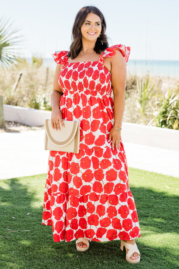 Plus Size red and white poppy print maxi dress with a smocked bodice and ruffled elastic straps.