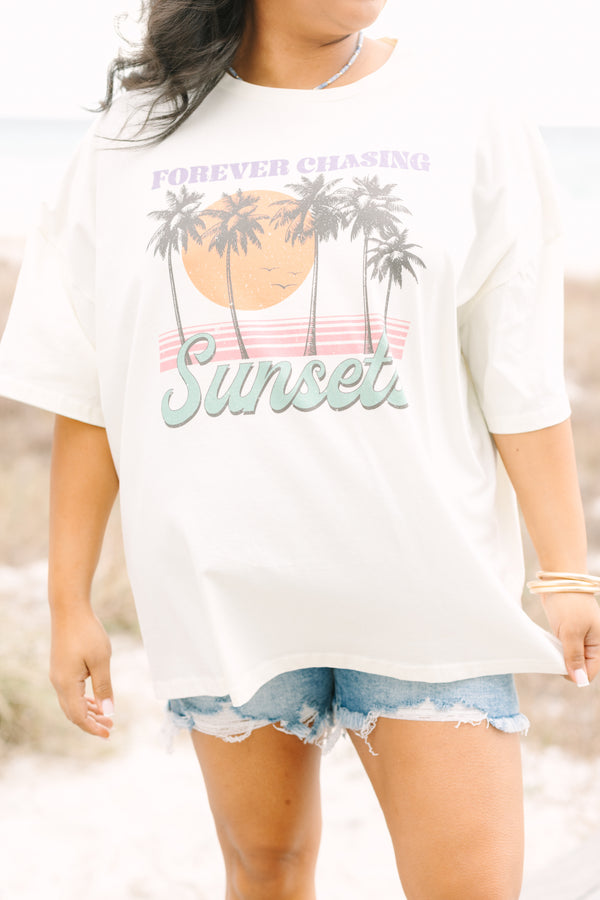 Chic Soul plus size clothing, ivory oversized boyfriend tee with vintage palm tree graphics and 