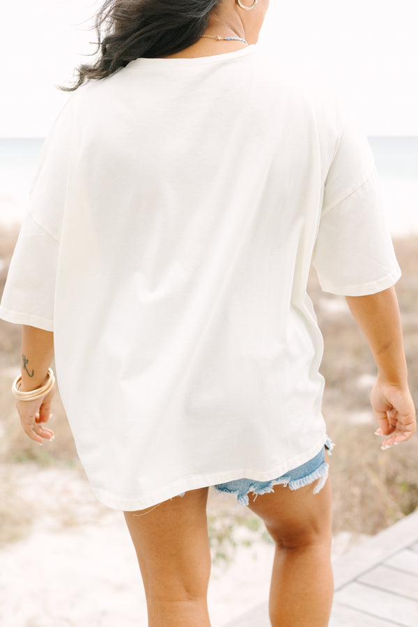 Chic Soul plus size clothing, ivory oversized boyfriend tee with vintage palm tree graphics and 