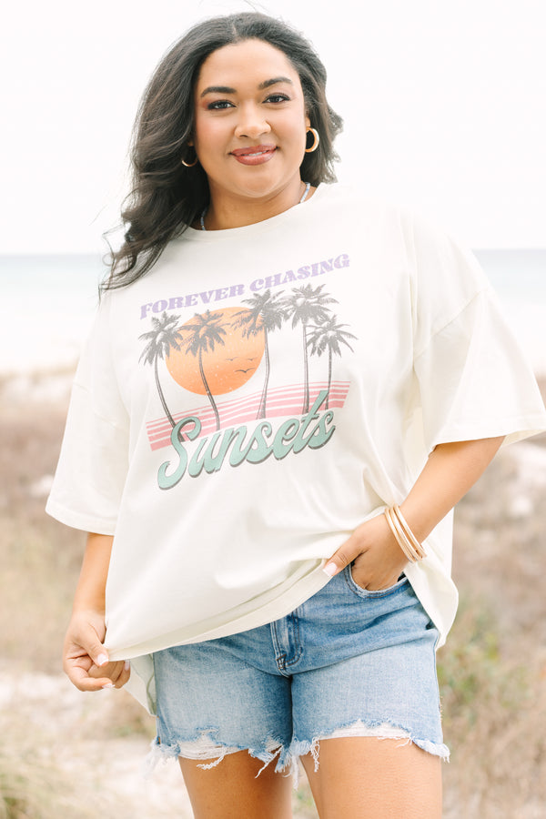 Chic Soul plus size clothing, ivory oversized boyfriend tee with vintage palm tree graphics and 