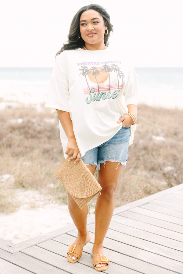 Chic Soul plus size clothing, ivory oversized boyfriend tee with vintage palm tree graphics and 