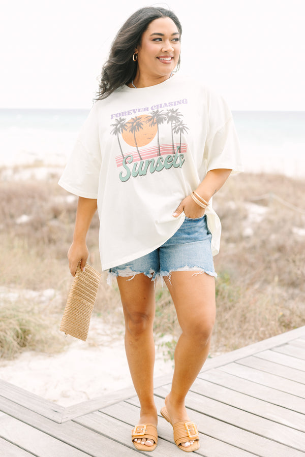 Chic Soul plus size clothing, ivory oversized boyfriend tee with vintage palm tree graphics and 