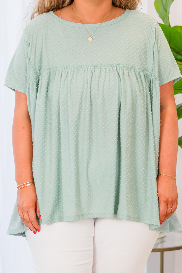 Chic Soul plus size clothing, short-sleeve seafoam green top with seafoam green polka dotted pattern 
