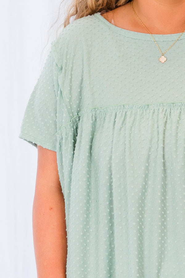 Chic Soul plus size clothing, short-sleeve seafoam green top with seafoam green polka dotted pattern 