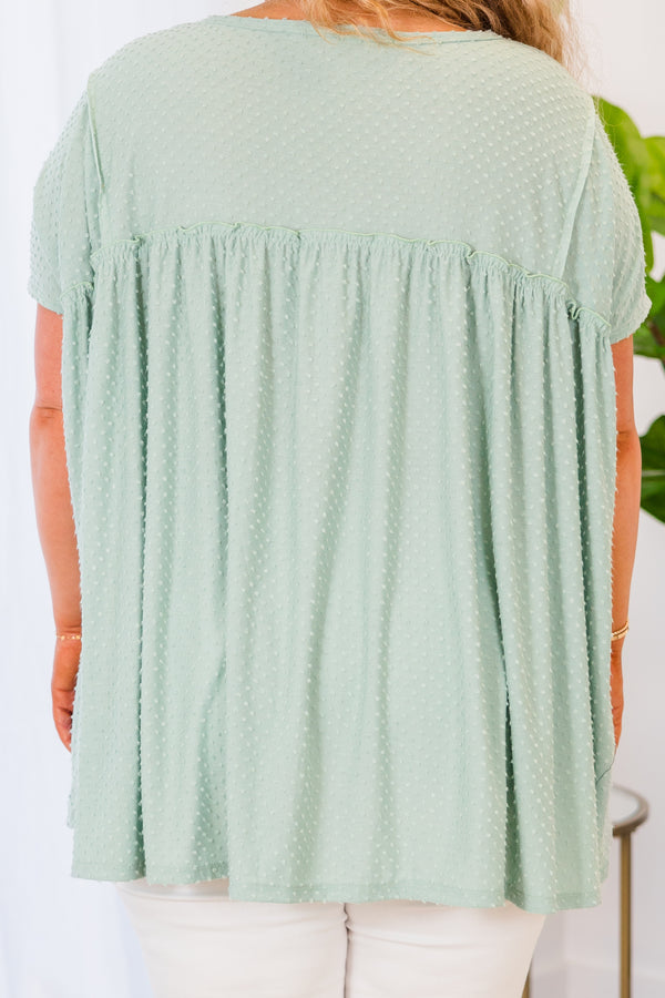Chic Soul plus size clothing, short-sleeve seafoam green top with seafoam green polka dotted pattern 