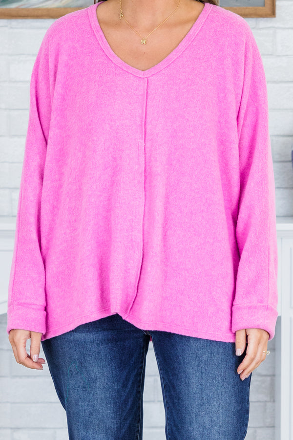 Chic Soul plus size clothing, long-sleeve bright mauve pink sweater with v-neckline and inside-out distressed stitching detailing