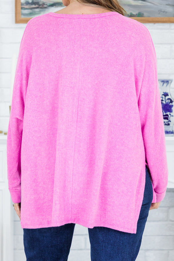 Chic Soul plus size clothing, long-sleeve bright mauve pink sweater with v-neckline and inside-out distressed stitching detailing