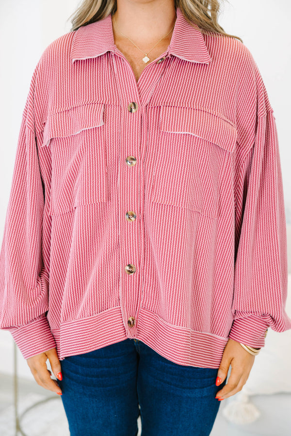Chic Soul plus size clothing, mauve button up long sleeve top with  a pocket on each side of the chest and a ribbed texture 