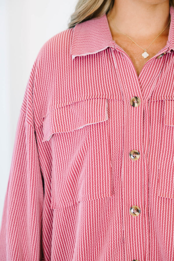 Chic Soul plus size clothing, mauve button up long sleeve top with  a pocket on each side of the chest and a ribbed texture 