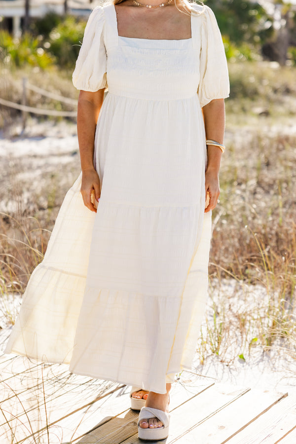 Chic Soul plus size clothing, short bubble sleeve cream white ruffled tiered baby doll midi dress with a square-neckline 